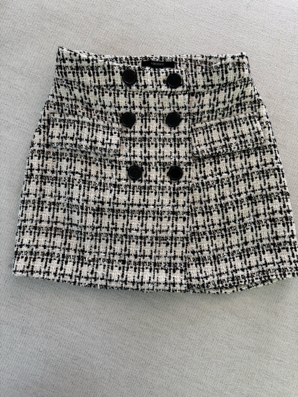 Black and White Tweed Mini Skirt with Button Detail